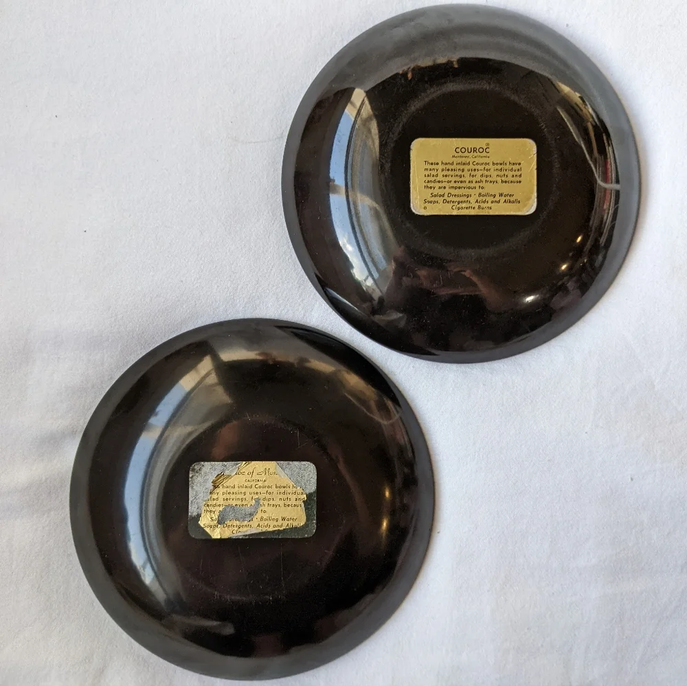 Vintage Couroc Monterey CA Inlaid Wood Owl Black Resin Bowls - 2